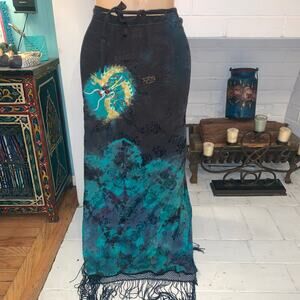 VINTAGE 90's LUTH GARDE TIE DYE FRINGED WRAP SARONG MAXI SKIRT.